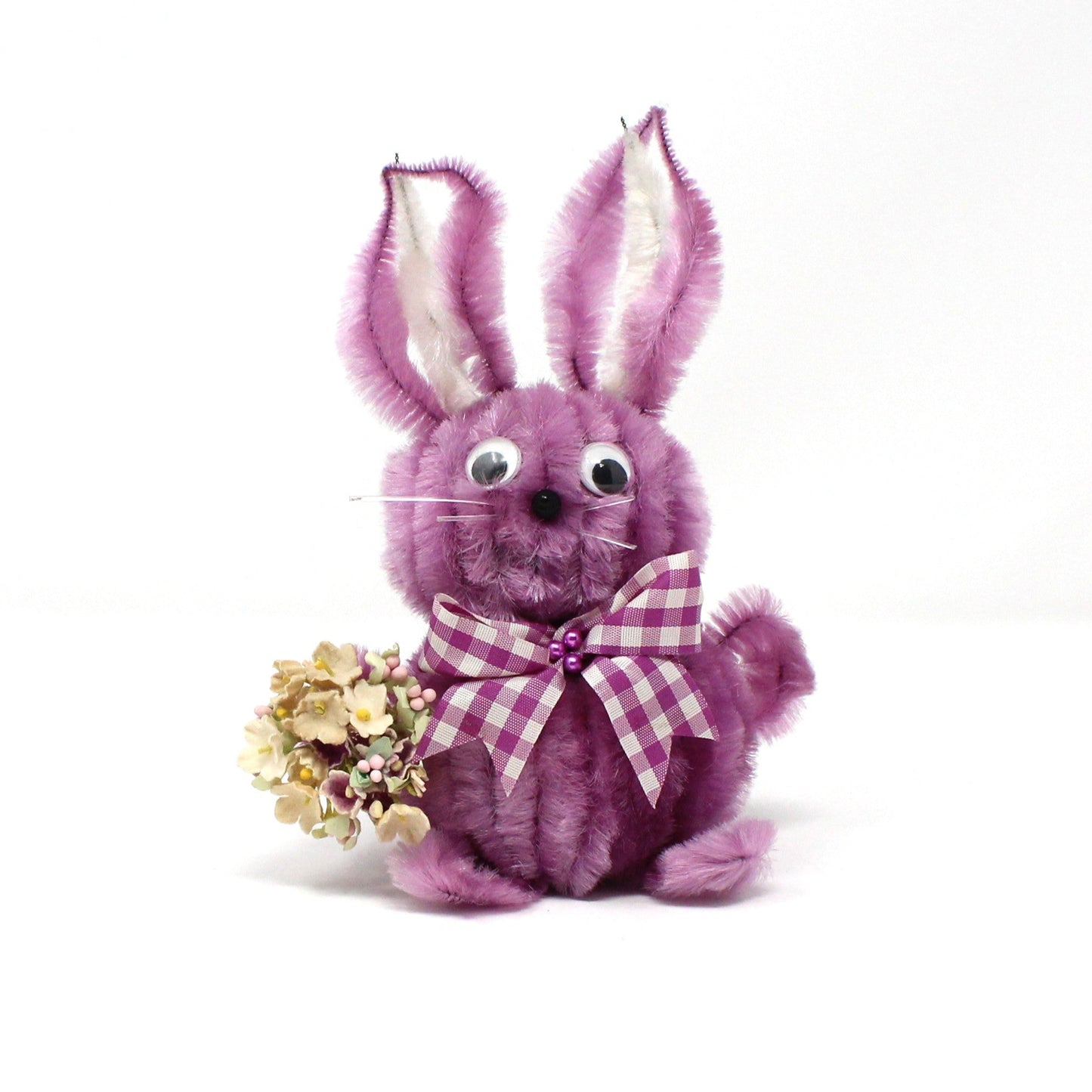 Figurines, Chenille / Pipe Cleaner Bunny Rabbit, Purple with Googly Eyes, Mid Century Easter Decorations, Large, Vintage, 1960's