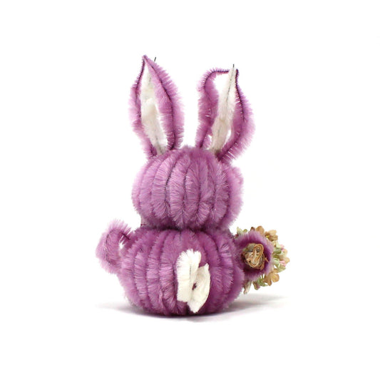 Figurine, Chenille / Pipe Cleaner Bunny Rabbit, Purple with Googly Eyes, Mid Century Easter Decorations, Large, Vintage, 1960's