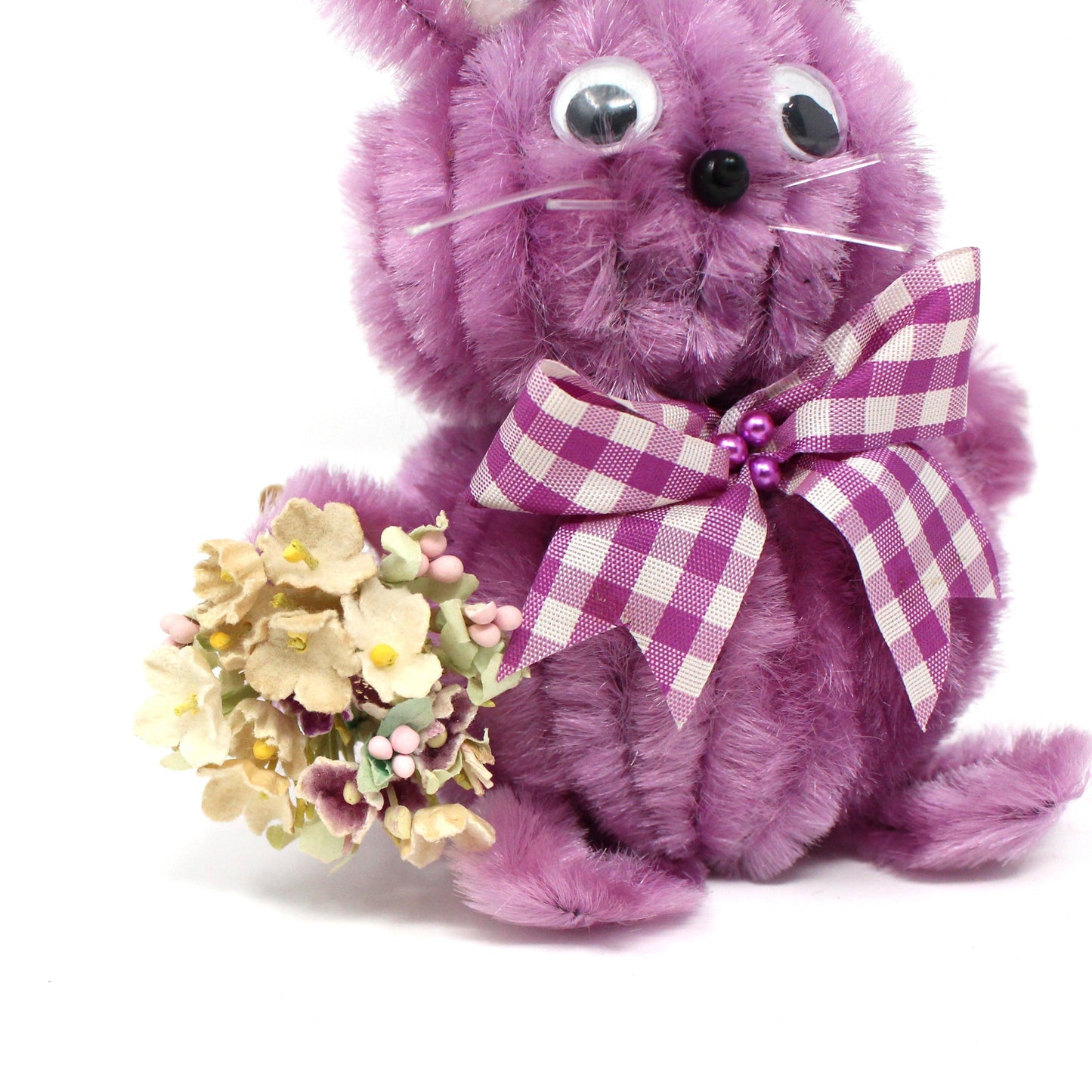 Figurines, Chenille / Pipe Cleaner Bunny Rabbit, Purple with Googly Eyes, Mid Century Easter Decorations, Large, Vintage, 1960's