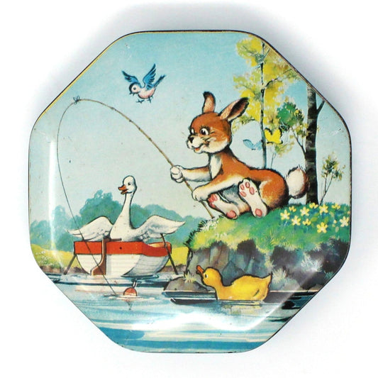 Tins, Gift Tin / Candy Tin, Metal Box Co, Bunny Rabbit Fishing, Octagon Shape, Vintage, 1940's