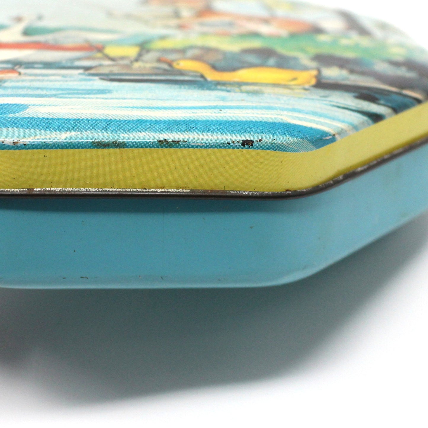 Tins, Gift Tin / Candy Tin, Metal Box Co, Bunny Rabbit Fishing, Octagon Shape, Vintage, 1940's