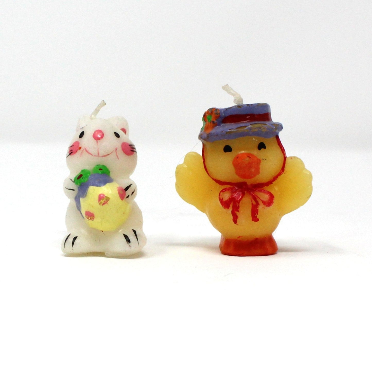 Candle, Figural Novelty Mini Easter Candles, White Rabbit and Yellow Chick, Set of 2, Vintage, 1980's