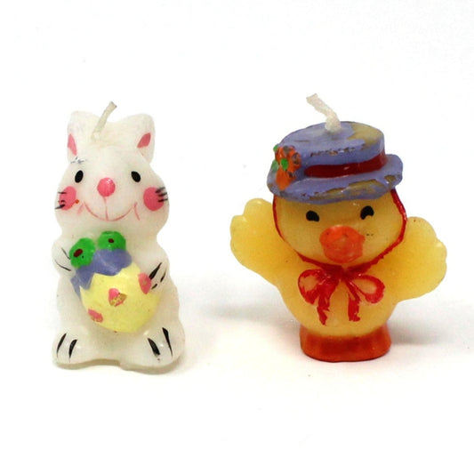 Candle, Figural Novelty Mini Easter Candles, White Rabbit and Yellow Chick, Set of 2, Vintage, 1980's