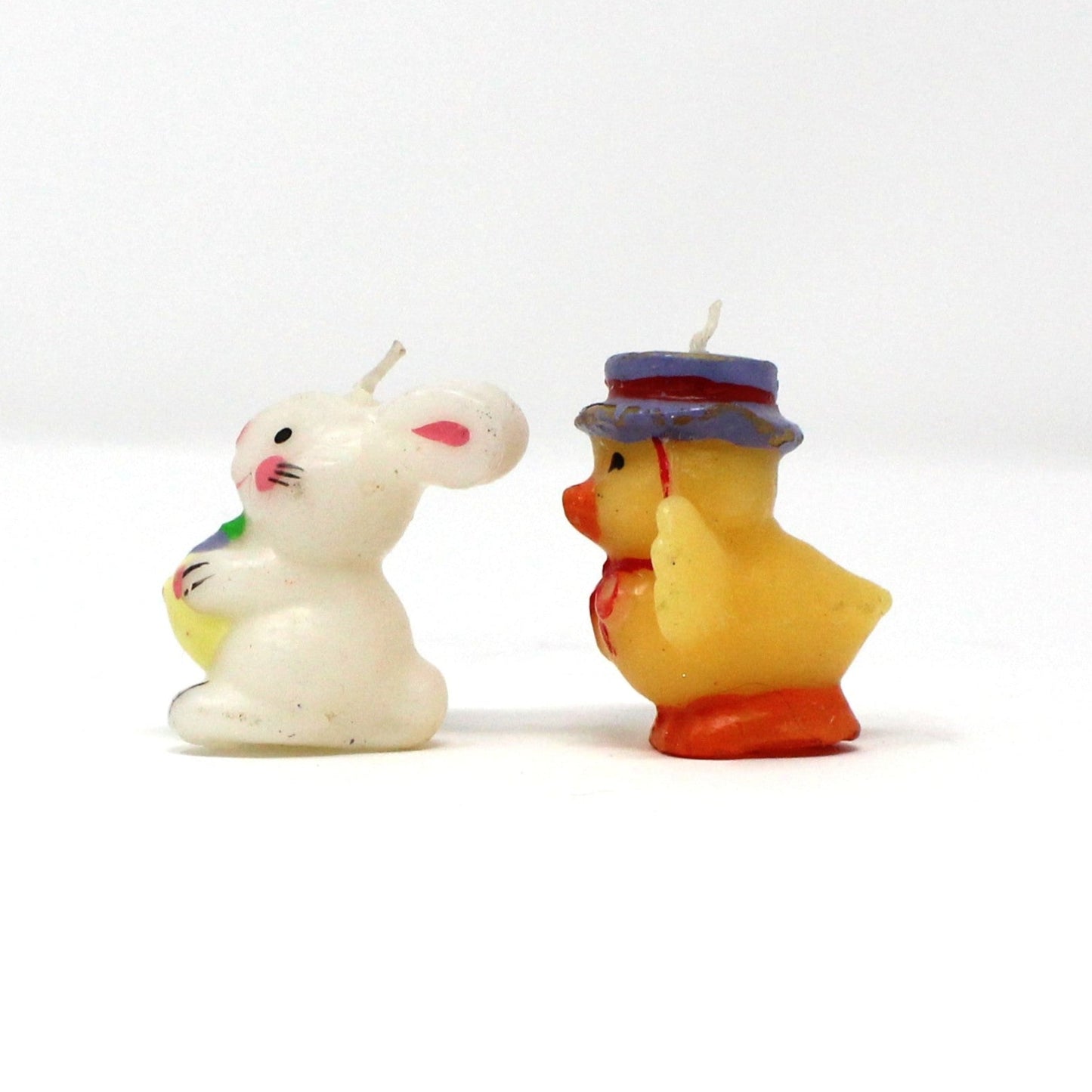 Candle, Figural Novelty Mini Easter Candles, White Rabbit and Yellow Chick, Set of 2, Vintage, 1980's