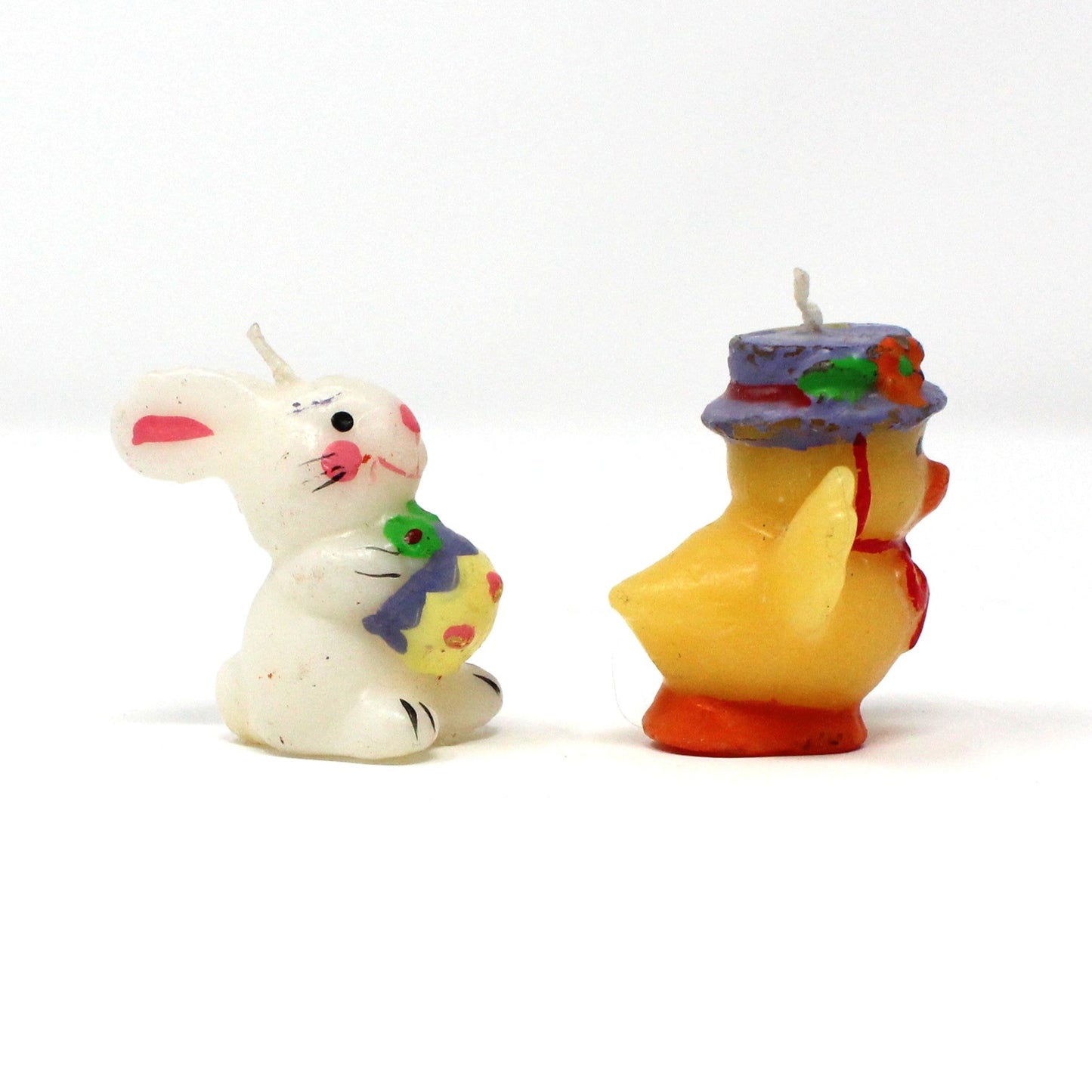 Candle, Figural Novelty Mini Easter Candles, White Rabbit and Yellow Chick, Set of 2, Vintage, 1980's