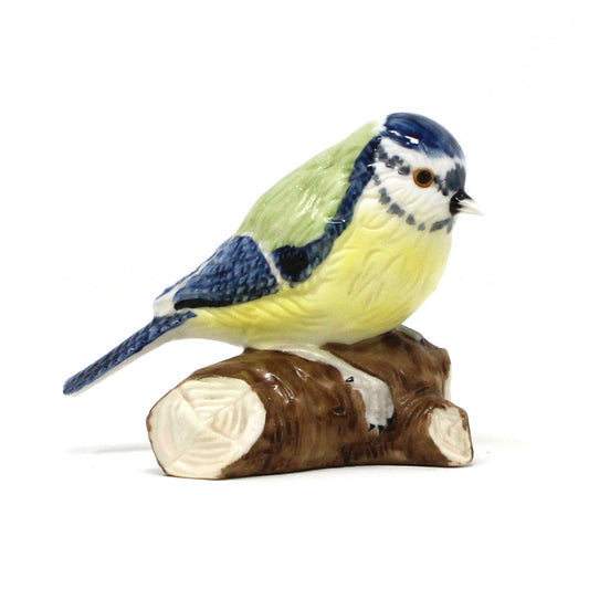 Figurine, Eurasian Blue Tit Bird on Log, Hand Painted Porcelain, Antique Foreign, early 1900's