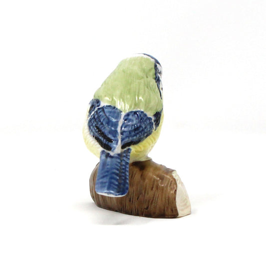 Figurine, Eurasian Blue Tit Bird on Log, Hand Painted Porcelain, Antique Foreign, early 1900's