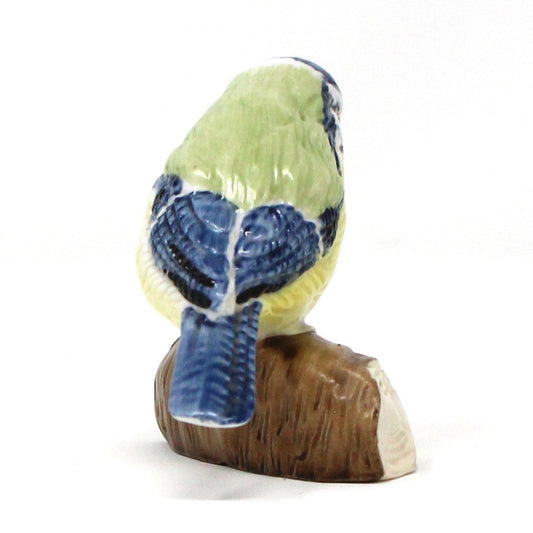 Figurine: Eurasian Blue Tit Bird on Log, Hand Painted Porcelain, Antique Foreign, early 1900's