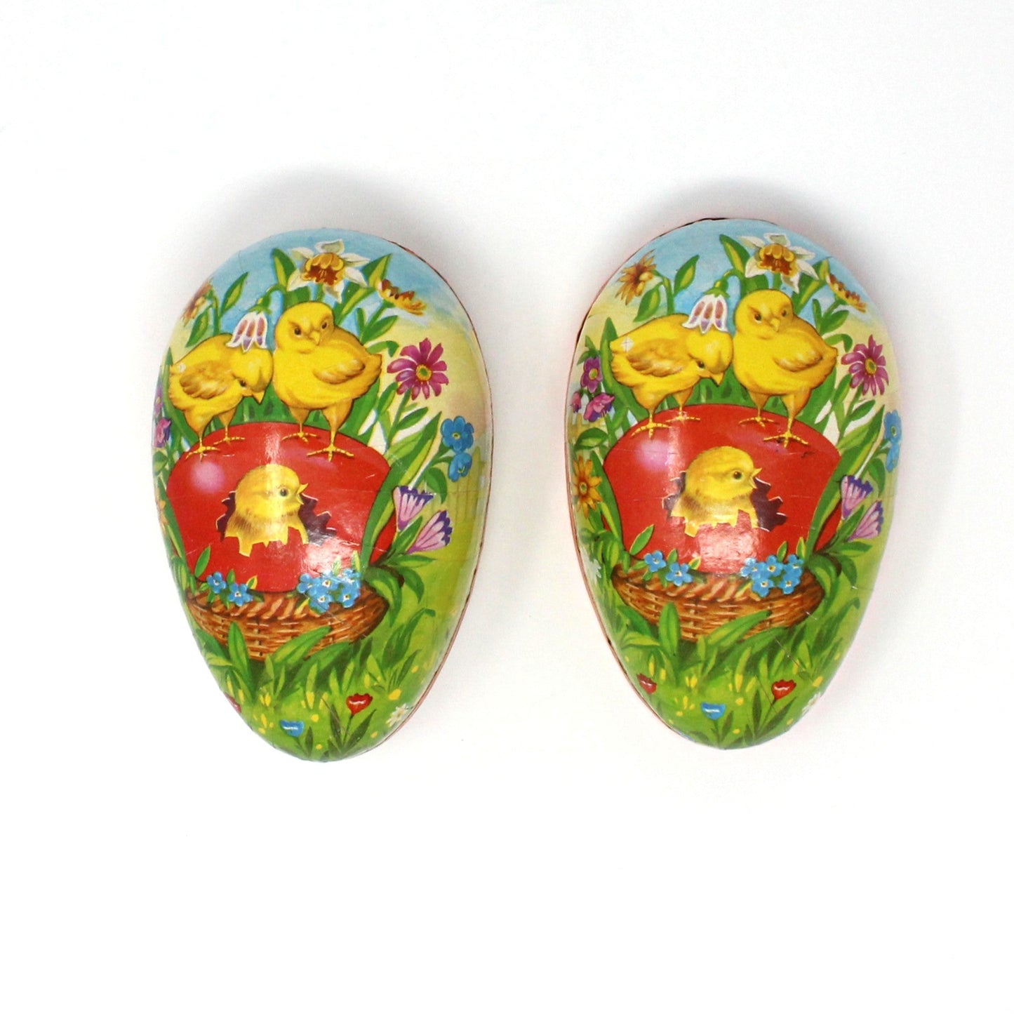 Gift Box / Candy Box, Paper Mache Easter Egg Shaped Treat Box, Yellow Baby Chicks, Fillable, 5" Vintage W. Germany, 1970's