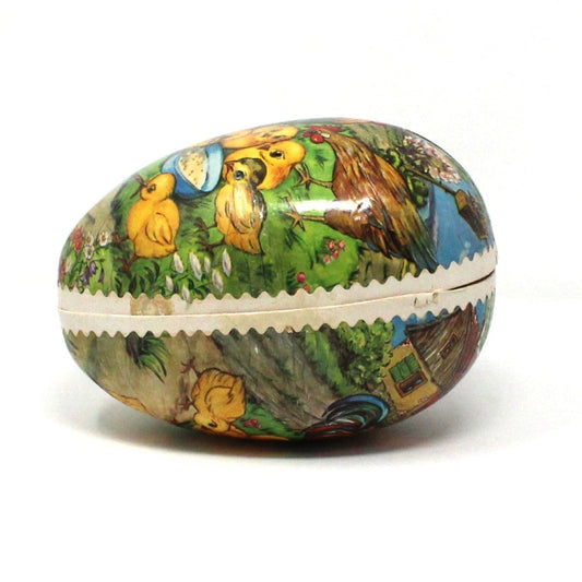Gift Box / Candy Box, Paper Mache Easter Egg Shaped Treat Box, Chicken Family, Fillable, 7" Vintage, 1950's