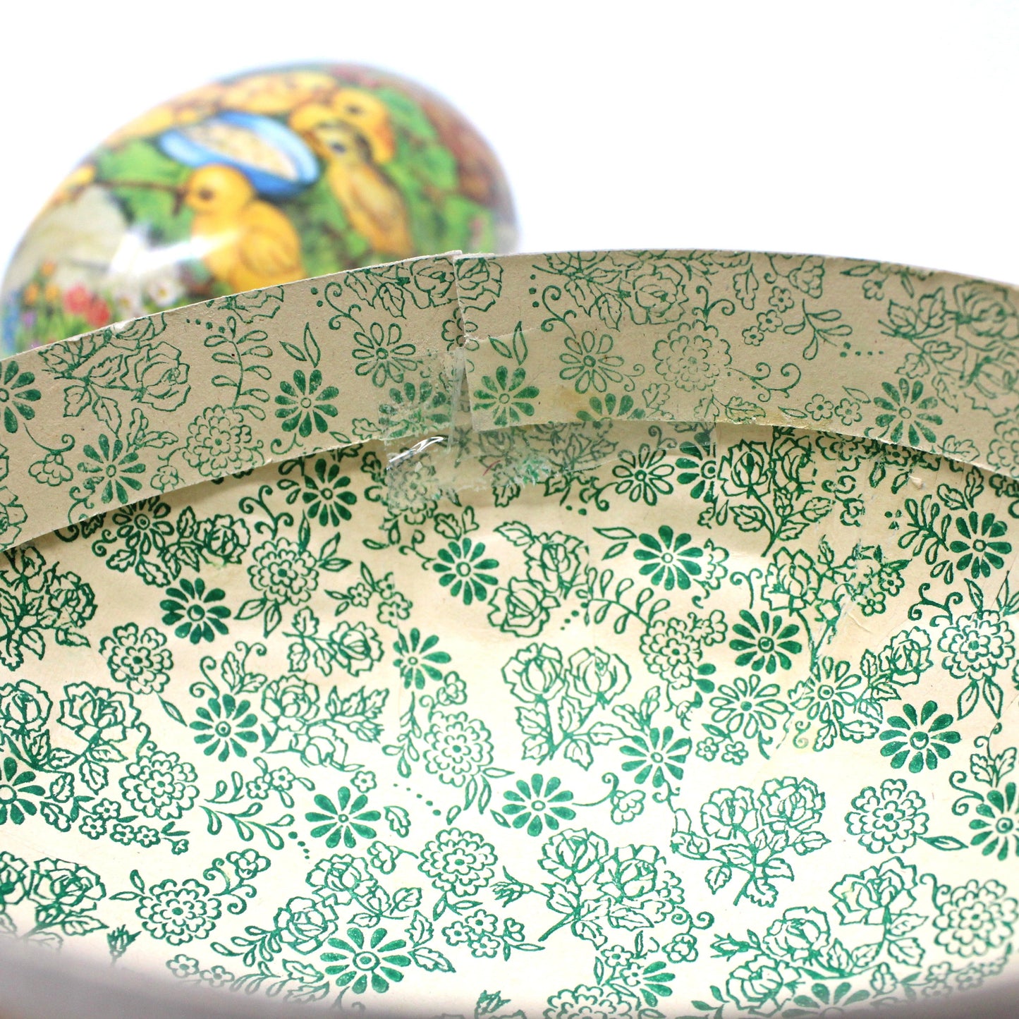 Gift Box / Candy Box, Paper Mache Easter Egg Shaped Treat Box, Chicken Family, Fillable, 7" Vintage, 1950's
