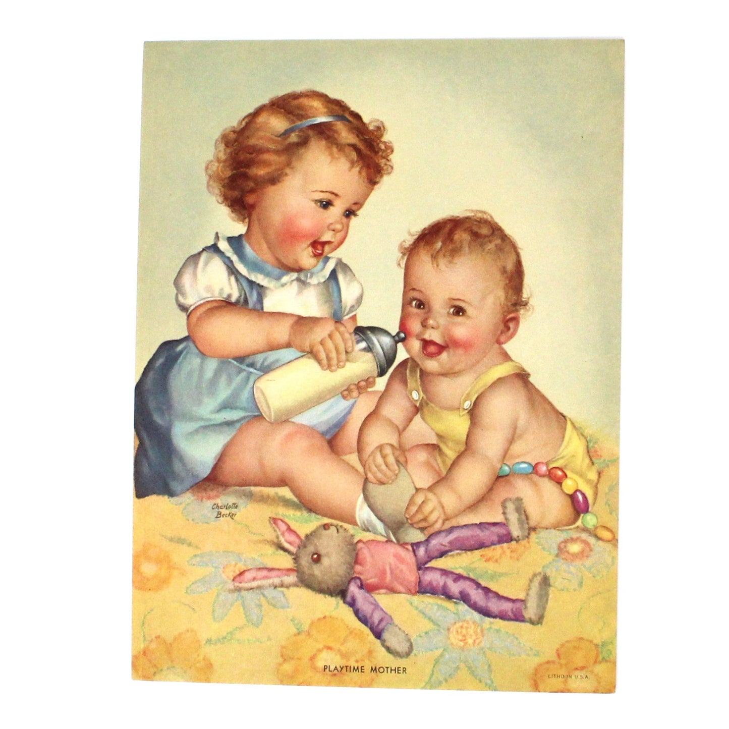 Print, Lithograph, Charlotte Becker, Playtime Mother, Feeding Baby, Vintage, 1940's