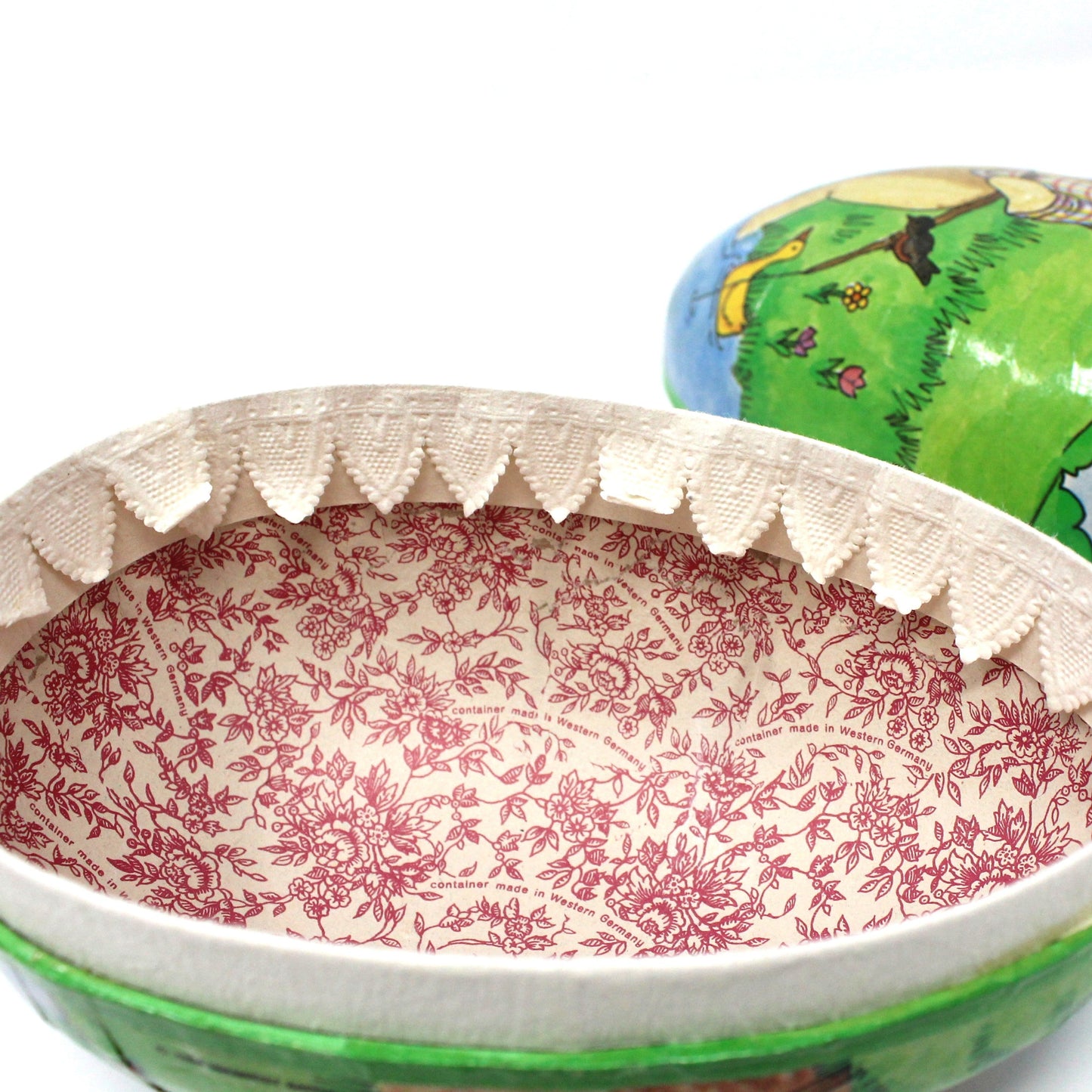 Gift Box / Candy Box, Paper Mache Easter Egg Shaped Treat Box, Rabbits Picking Carrots, Fillable, 6" Vintage, W. Germany, 1980's