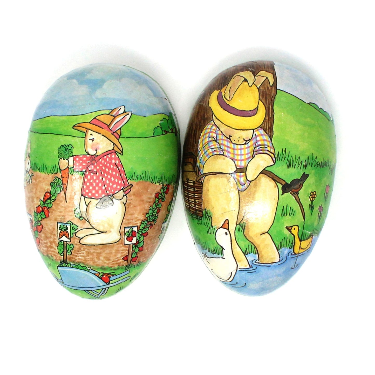 Gift Box / Candy Box, Paper Mache Easter Egg Shaped Treat Box, Rabbits Picking Carrots, Fillable, 6" Vintage, W. Germany, 1980's
