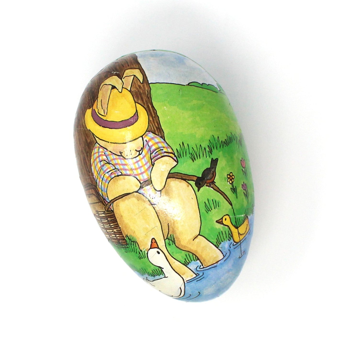 Gift Box / Candy Box, Paper Mache Easter Egg Shaped Treat Box, Rabbits Picking Carrots, Fillable, 6" Vintage, W. Germany, 1980's