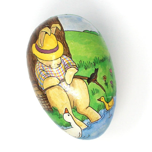 Gift Box / Candy Box, Paper Mache Easter Egg Shaped Treat Box, Rabbits Picking Carrots, Fillable, 6" Vintage, W. Germany, 1980's