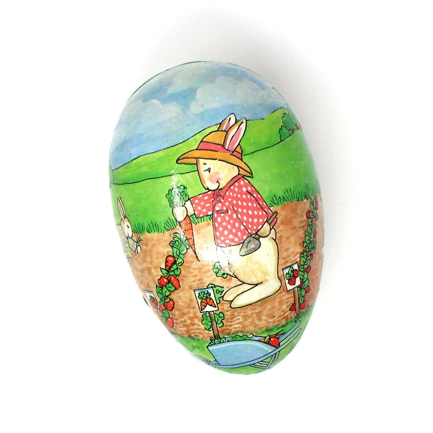 Gift Box / Candy Box, Paper Mache Easter Egg Shaped Treat Box, Rabbits Picking Carrots, Fillable, 6" Vintage, W. Germany, 1980's