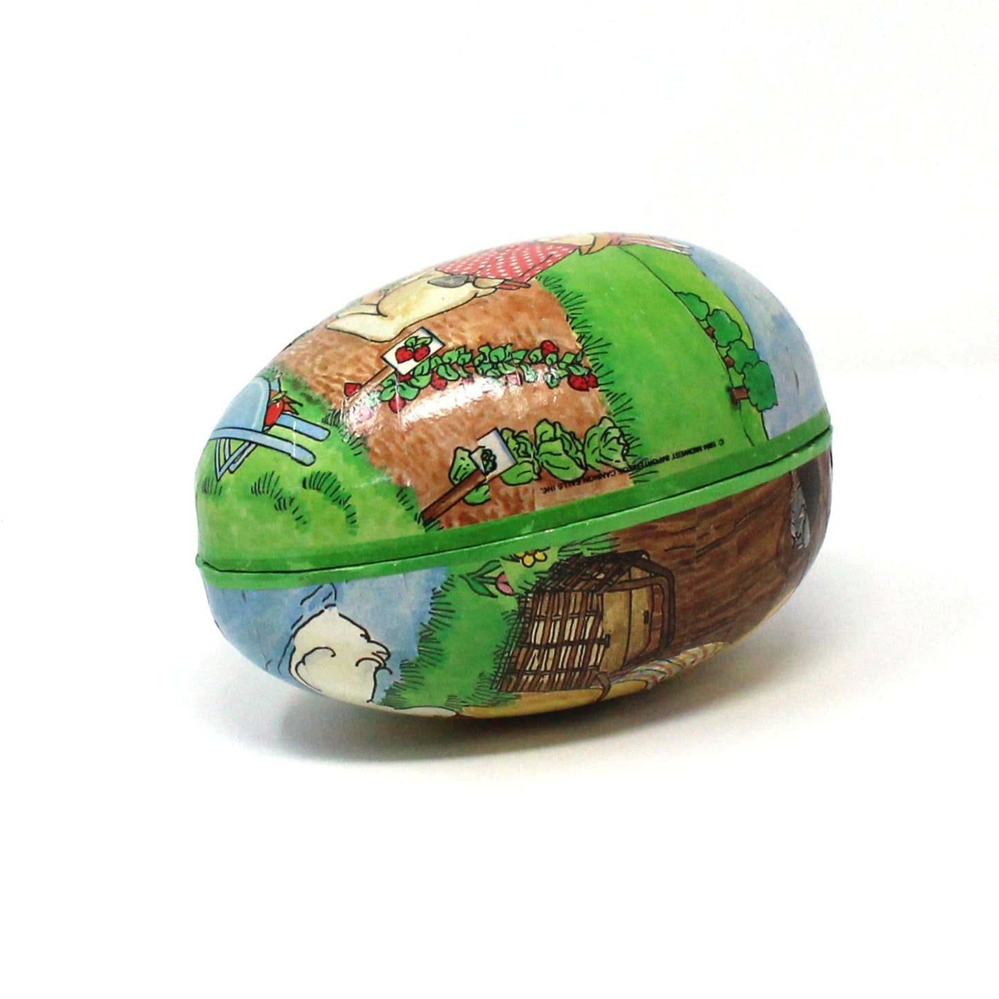 Gift Box / Candy Box, Paper Mache Easter Egg Shaped Treat Box, Rabbits Picking Carrots, Fillable, 6" Vintage, W. Germany, 1980's
