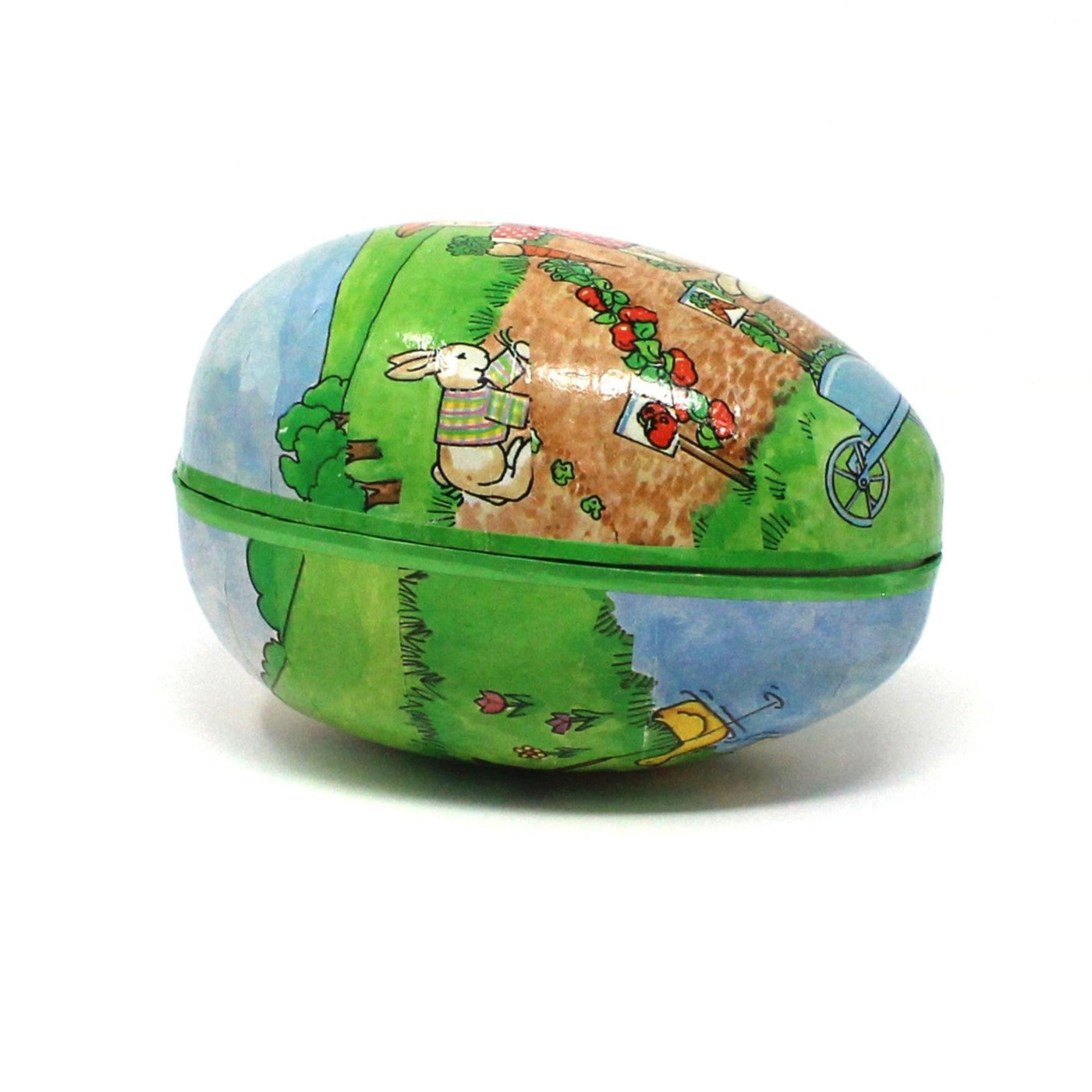 Gift Box / Candy Box, Paper Mache Easter Egg Shaped Treat Box, Rabbits Picking Carrots, Fillable, 6" Vintage, W. Germany, 1980's