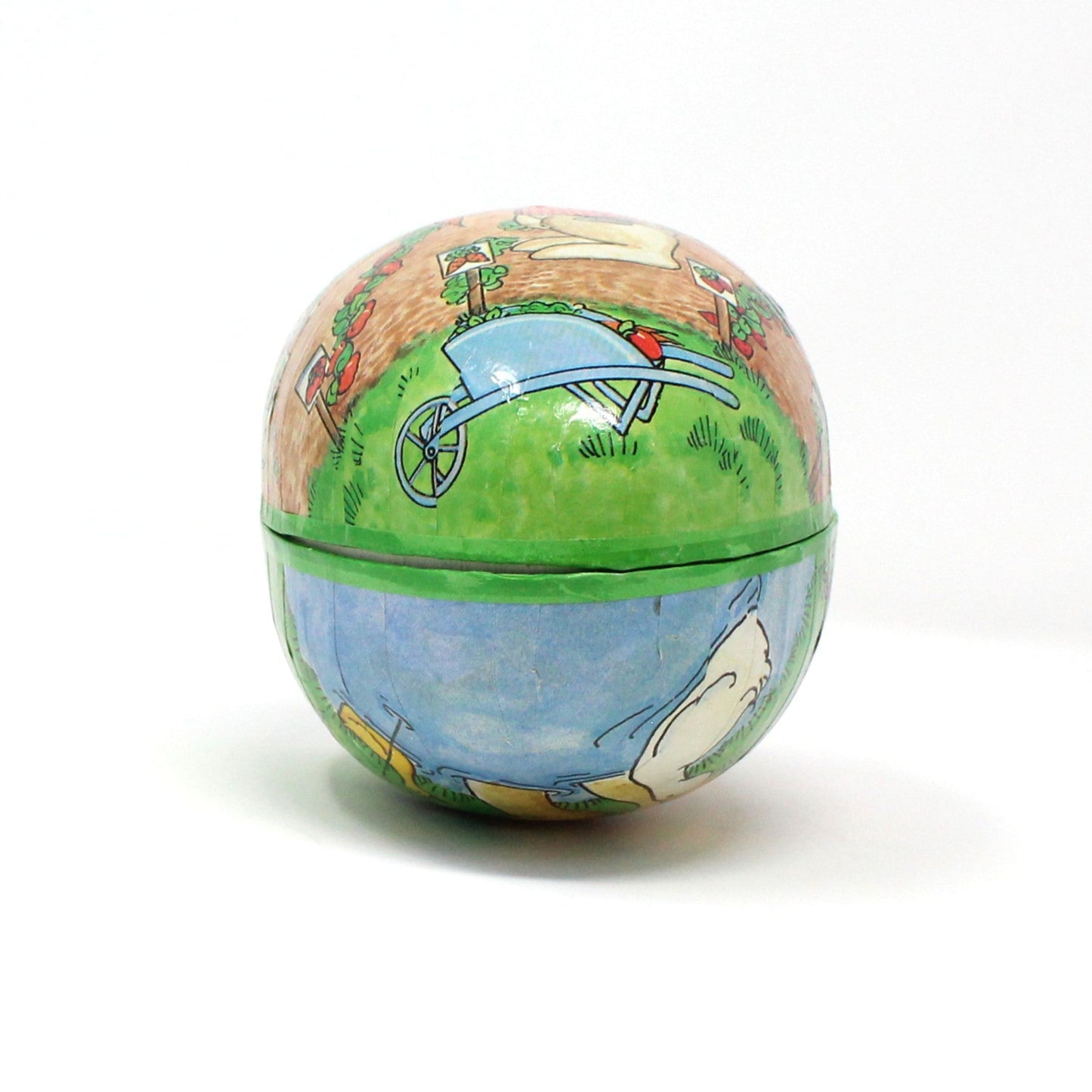 Gift Box / Candy Box, Paper Mache Easter Egg Shaped Treat Box, Rabbits Picking Carrots, Fillable, 6" Vintage, W. Germany, 1980's