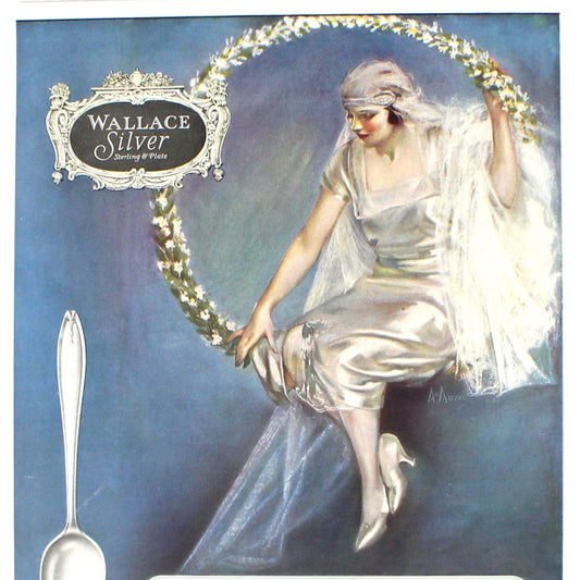Advertisement, Wallace Silver, Hostess Pattern Flatware, 1921 Art Deco Bride Illustration by McMein, Original Magazine Ad, Antique