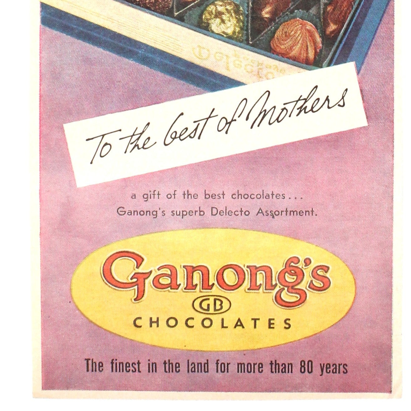 Advertisement, Ganong's Chocolates, "To the Best of Mothers" Delecto Box Children Illustration, Original Magazine Ad, Canada, 1940s