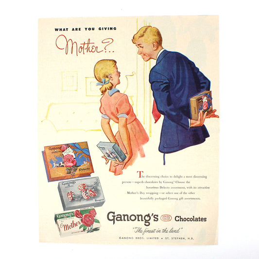 Advertisement, Ganong's Chocolates, ...Giving Mother?, Original Magazine Ad, Vintage 1950's