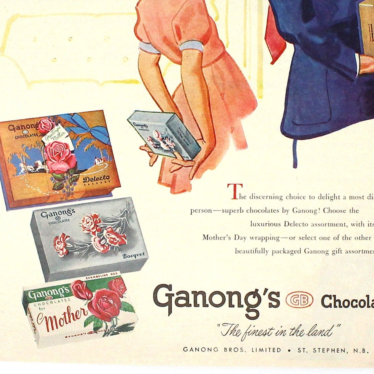Advertisement, Ganong's Chocolates, "What Are You Giving Mother?" Children Illustration, Original Magazine Ad, Canada, 1950s