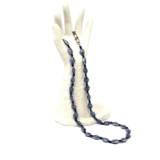 Necklace, Oriental Blue and White Porcelain Beads, Navy Blue Spacers, Vintage