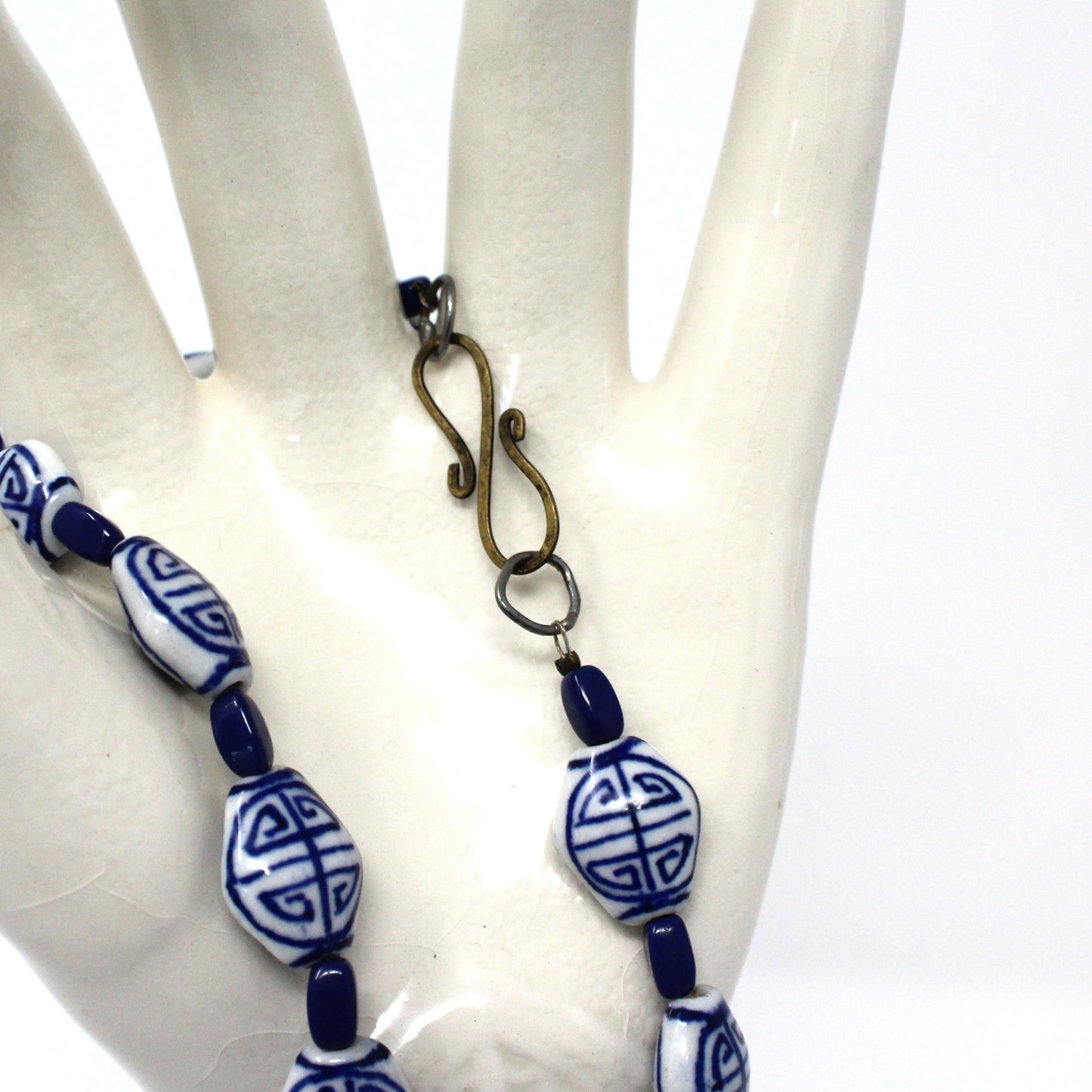 Necklace, Oriental Blue and White Porcelain Beads, Navy Blue Spacers, Vintage
