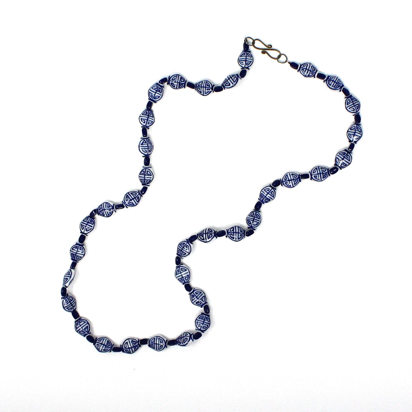 Necklace, Oriental Blue and White Porcelain Beads, Navy Blue Spacers, Vintage