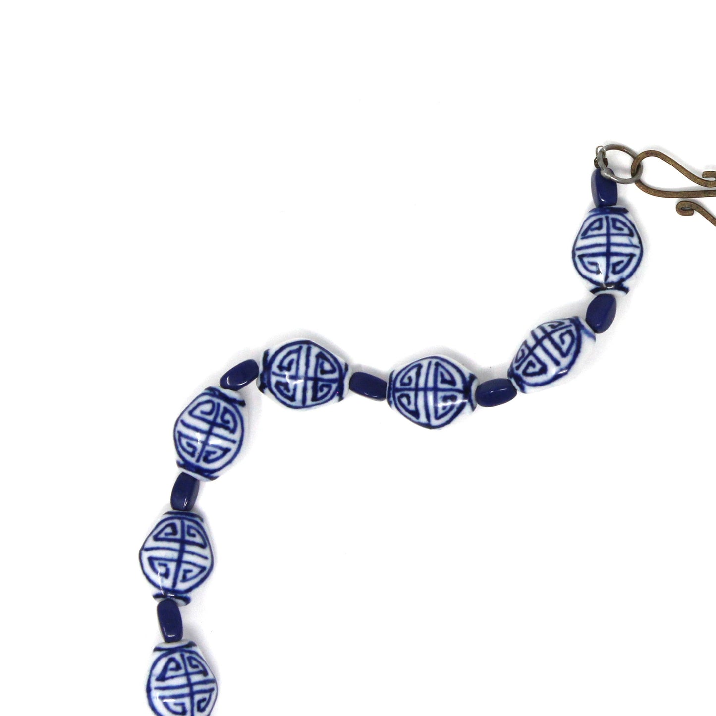 Necklace, Oriental Blue and White Porcelain Beads, Navy Blue Spacers, Vintage
