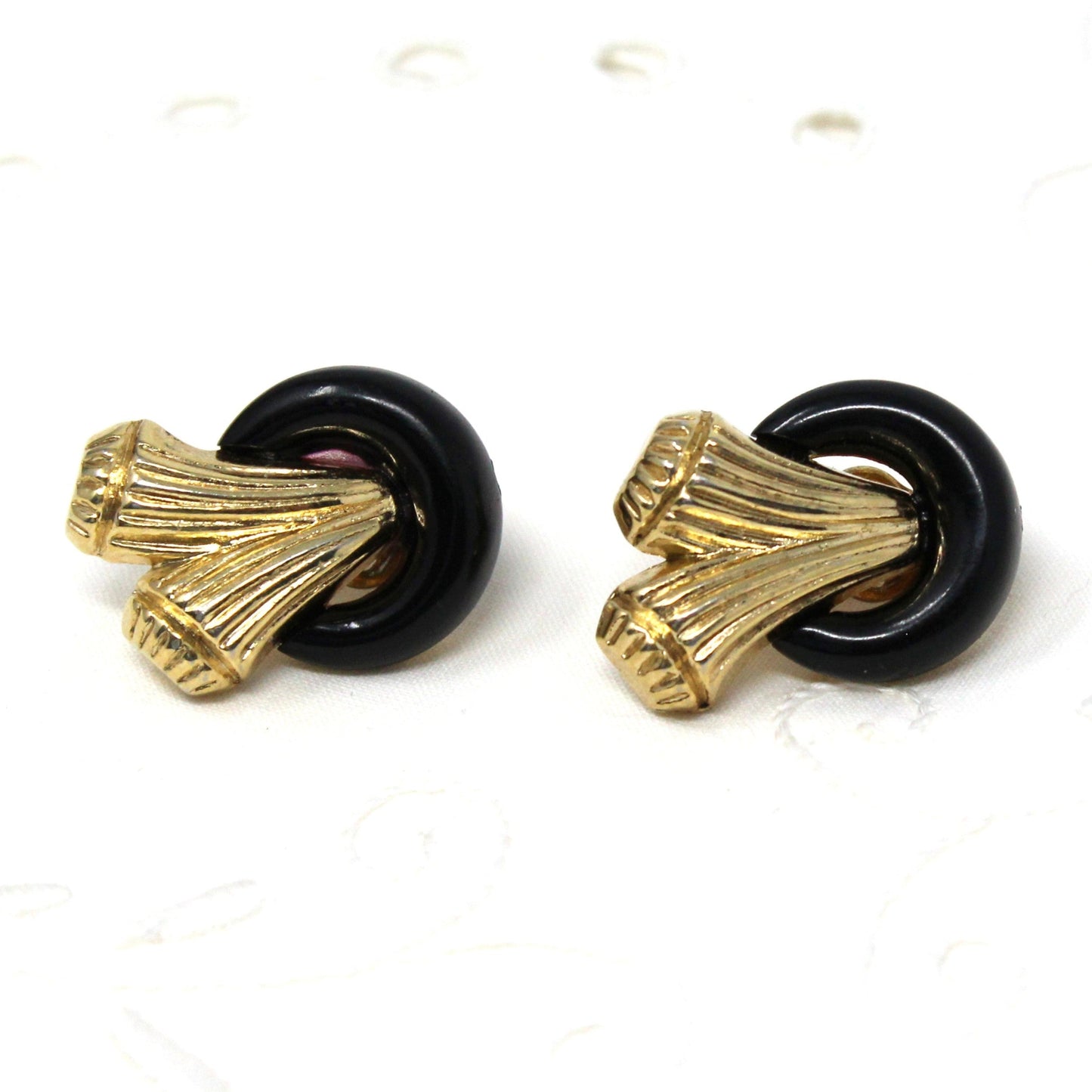 Earrings, Trifari, Unique Geometric Design, Lucite Rings with Gold Tone Textured Design, Clip-On, Vintage