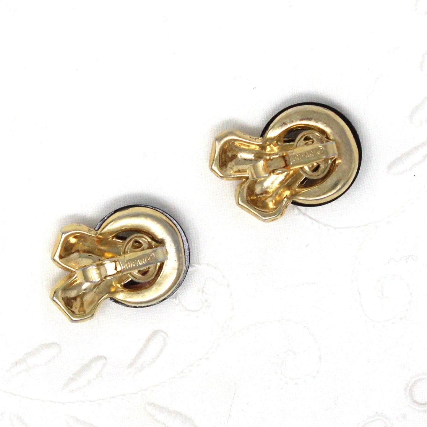 Earrings, Trifari, Unique Geometric Design, Lucite Rings with Gold Tone Textured Design, Clip-On, Vintage
