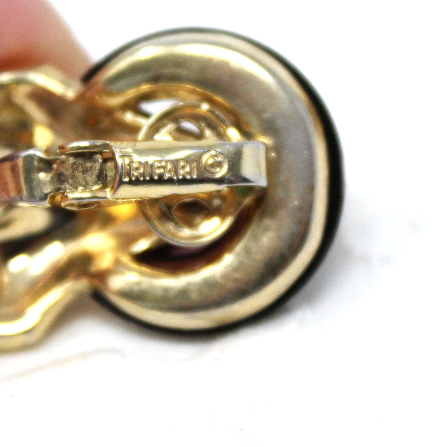 Earrings, Trifari, Unique Geometric Design, Lucite Rings with Gold Tone Textured Design, Clip-On, Vintage