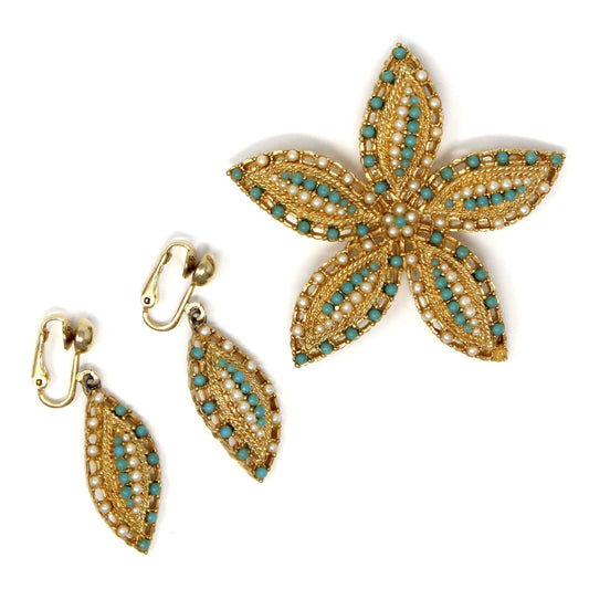 Vintage Sarah Coventry signed Brooch & Earrings Jewelry Set. Starfish shaped
