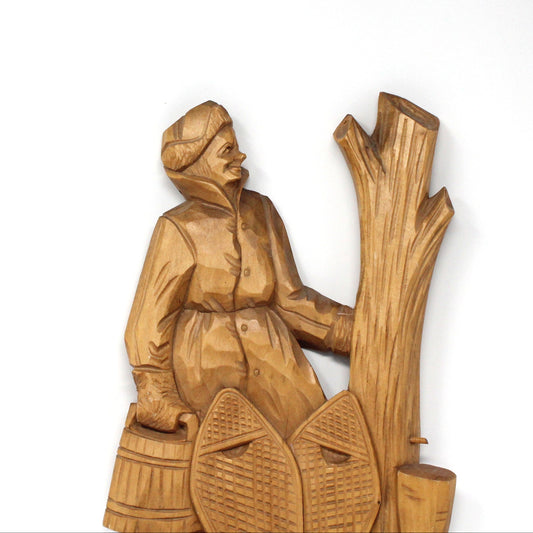 Wood Carving, Folk Art, Hand Carved Wooden Wall Plaque, Man with Snowshoes, Artist Signed, R. Jean, Vintage