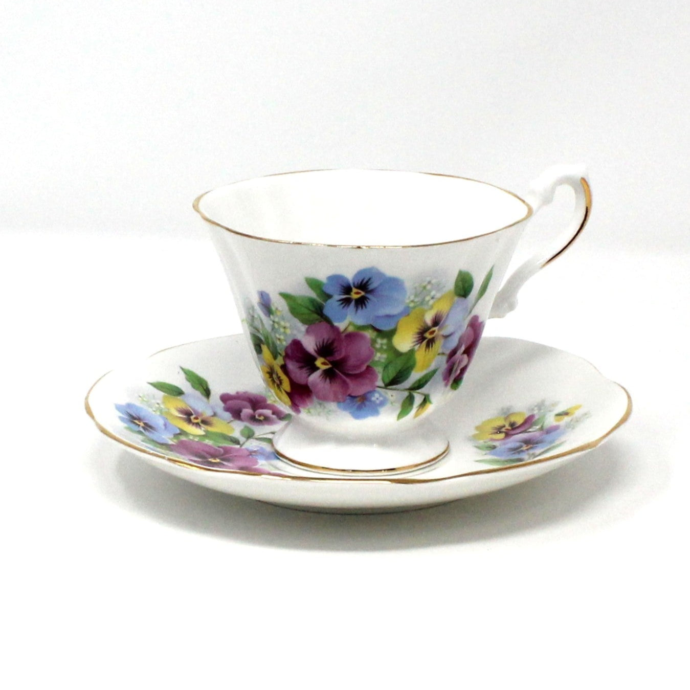 Teacup and Saucer, Royal Dover, Bone China, Multicolor Violas / Pansies, Vintage