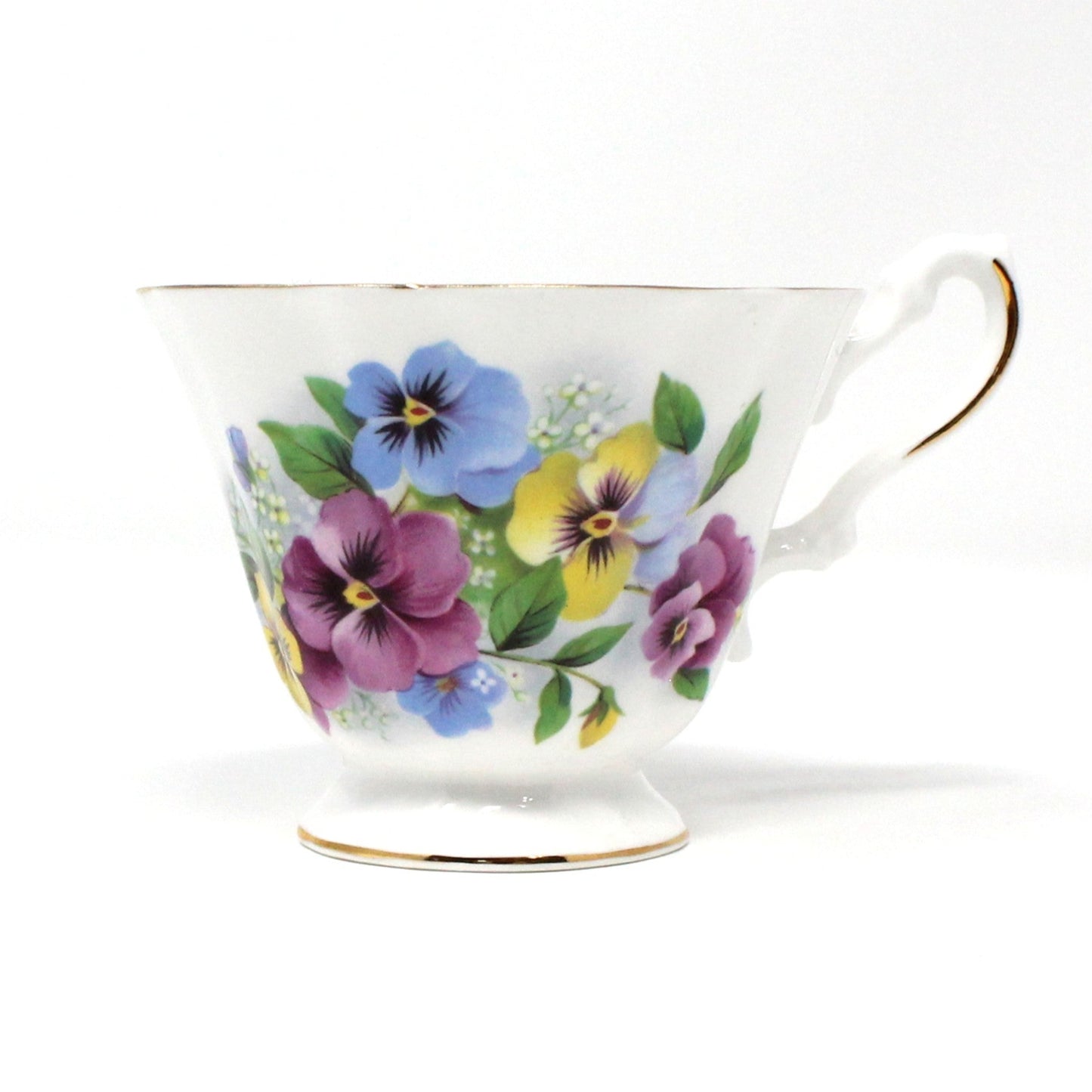 Teacup and Saucer, Royal Dover, Bone China, Multicolor Violas / Pansies, Vintage