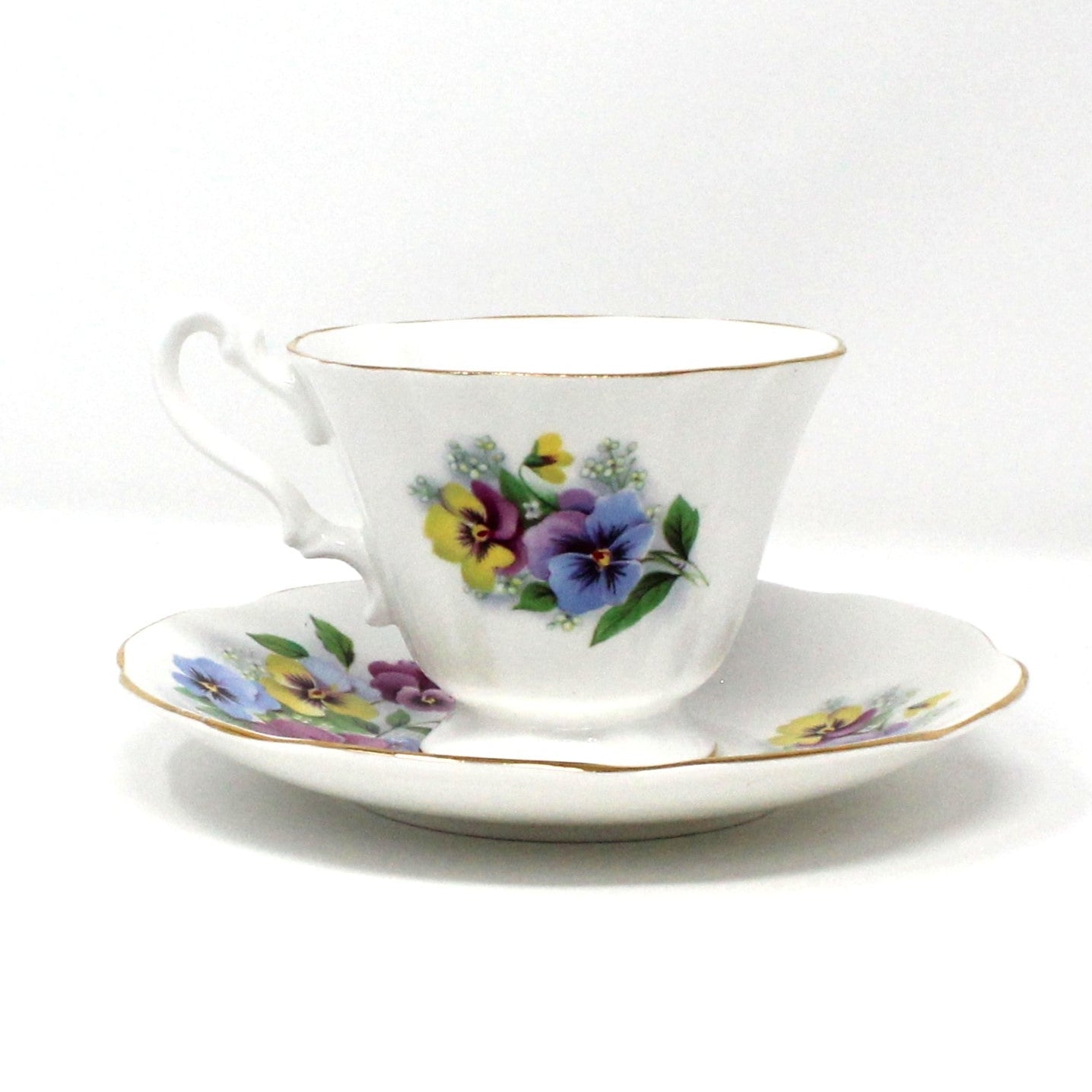 Teacup and Saucer, Royal Dover, Bone China, Multicolor Violas / Pansies, Vintage