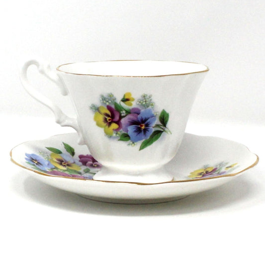 Teacup and Saucer, Royal Dover, Bone China, Multicolor Violas / Pansies, Vintage