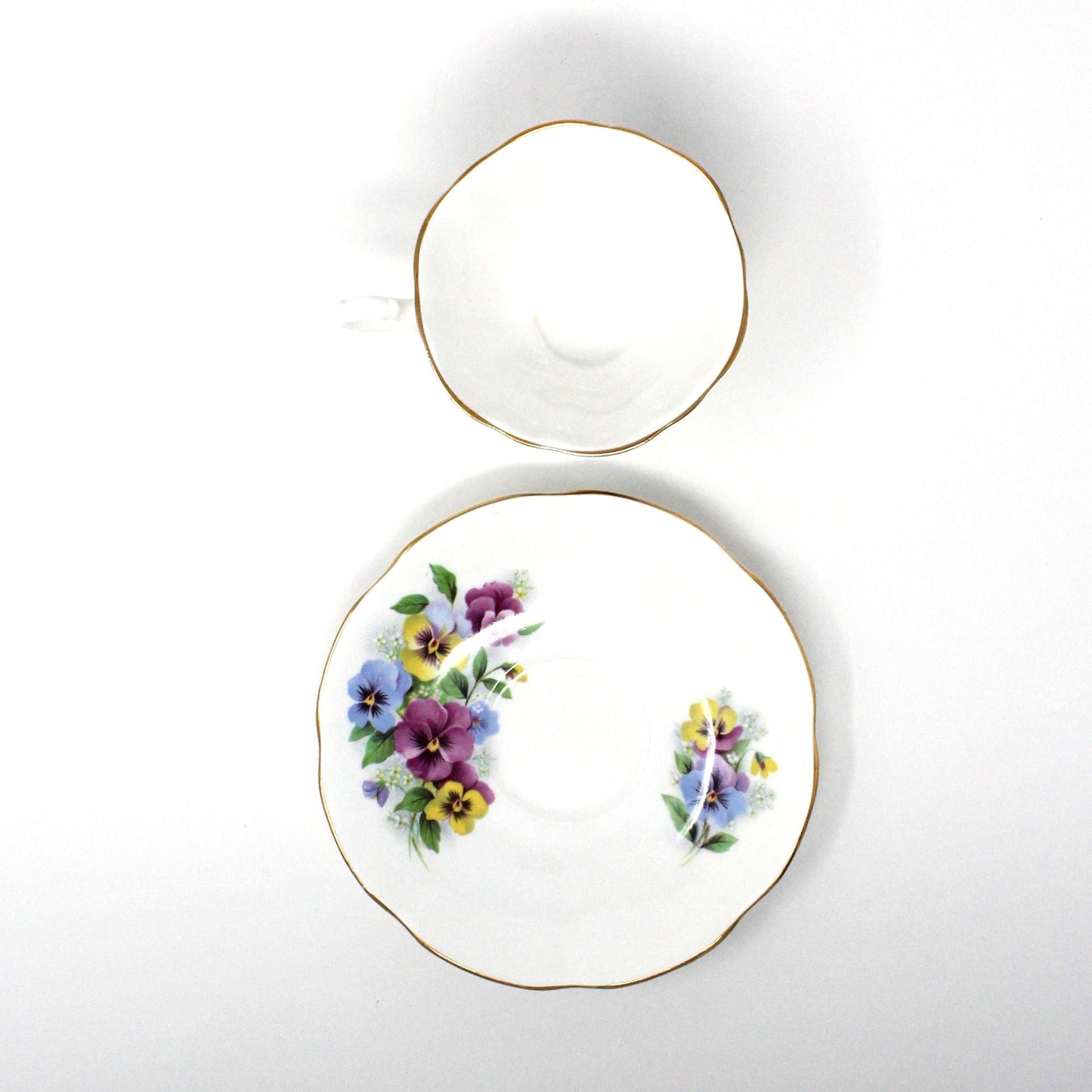 Teacup and Saucer, Royal Dover, Bone China, Multicolor Violas / Pansies, Vintage