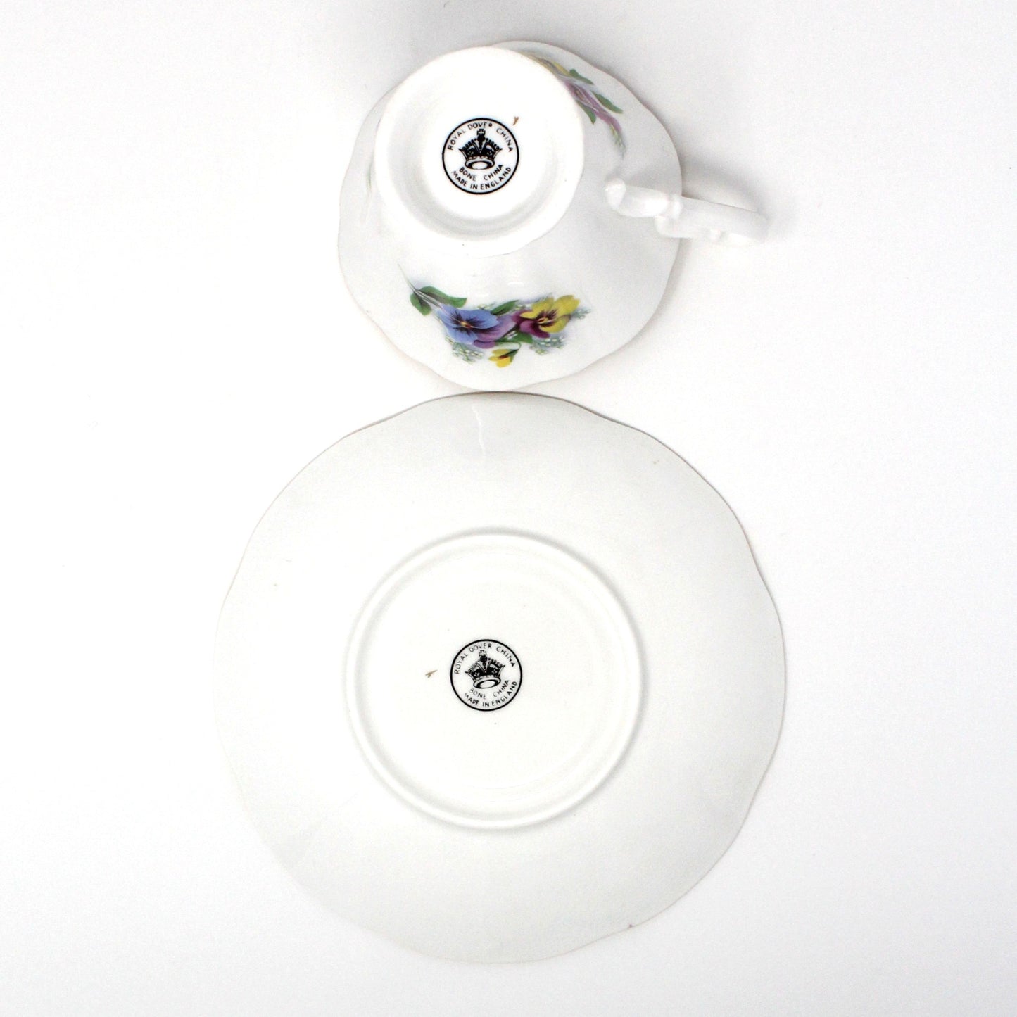 Teacup and Saucer, Royal Dover, Bone China, Multicolor Violas / Pansies, Vintage