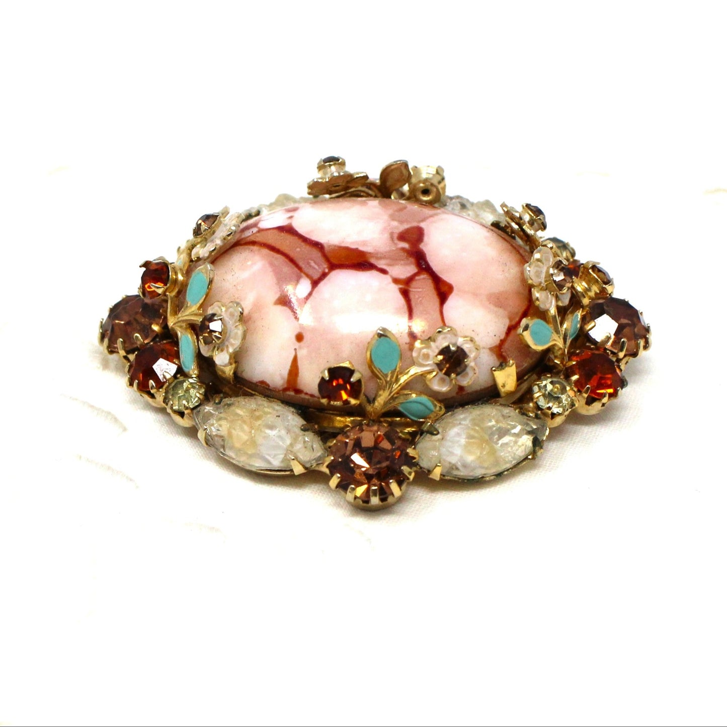 Brooch / Pin and Earrings Set, Pink Marbled Cabochon, Prong Set Rhinestones and Enamel Flowers, Demi Parure, Vintage