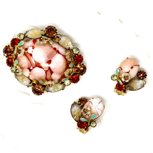 Brooch / Pin and Earrings Set, Pink Marbled Cabochon, Prong Set Rhinestones and Enamel Flowers, Demi Parure, Vintage
