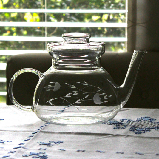 Teapot, Princess House, Heritage Pattern, Etched Floral, Clear Glass, Vintage, SOLD