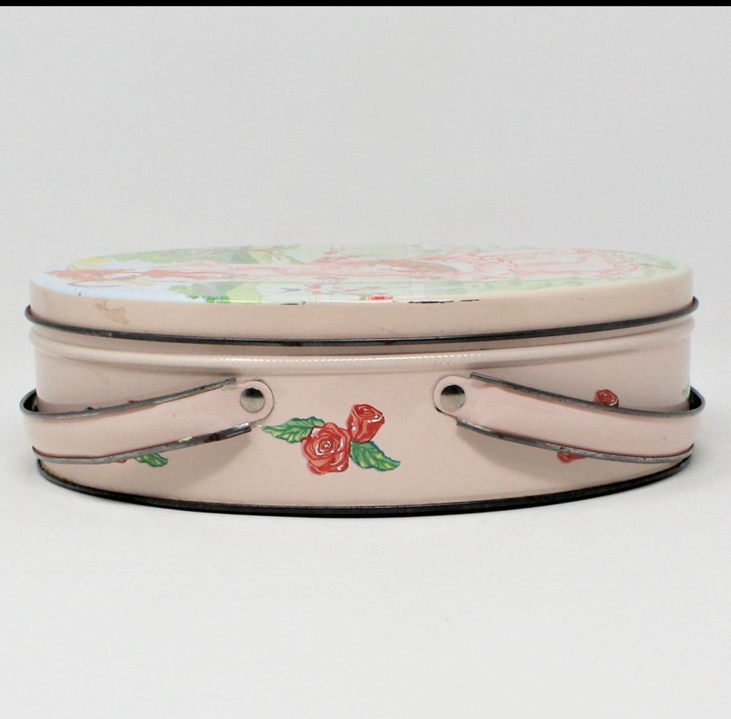 Tins, Gift Tin / Cookie Tin, ValleyBrook Farms, Victorian Country Girl, Pink Oval with Handles, Vintage