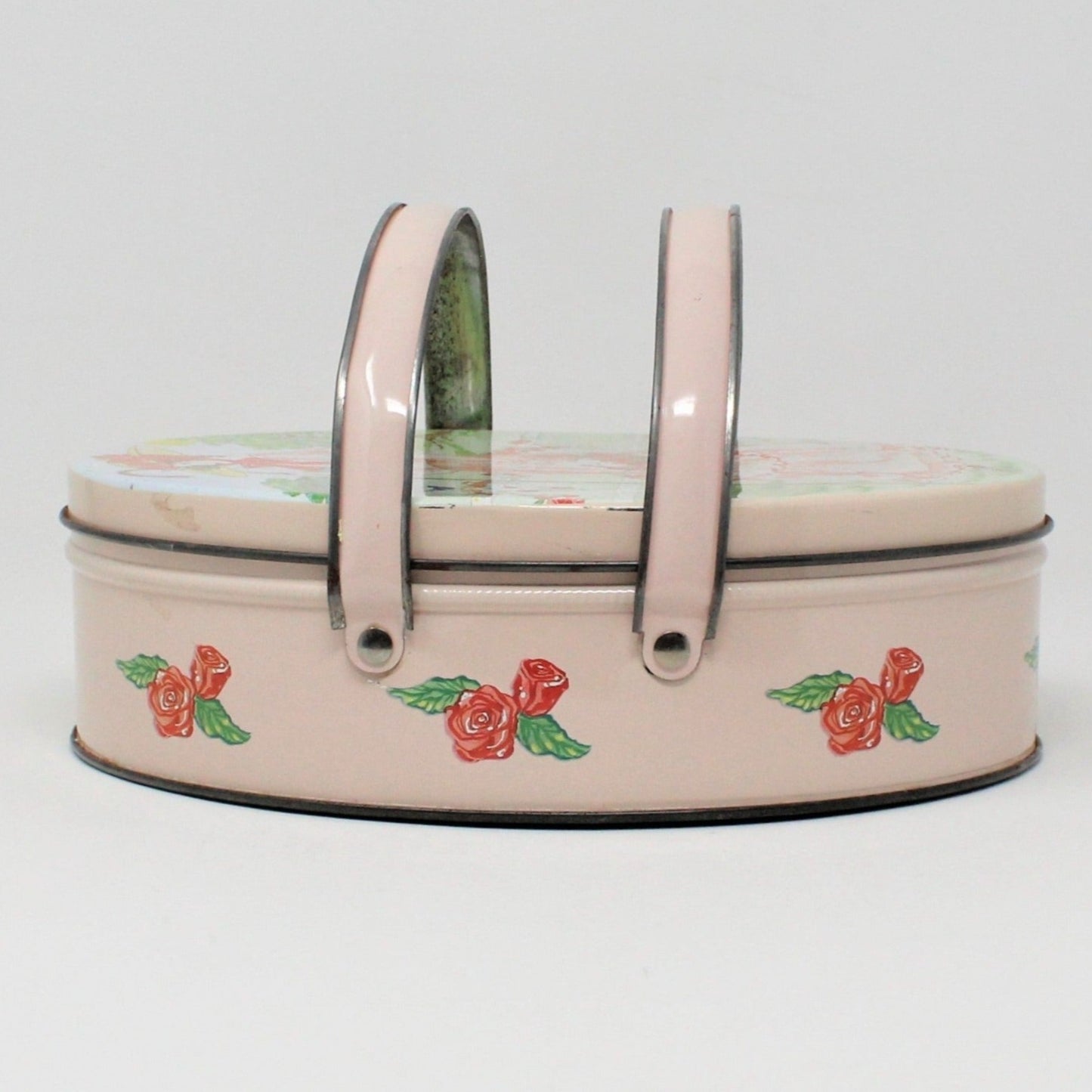 Tins, Gift Tin / Cookie Tin, ValleyBrook Farms, Victorian Country Girl, Pink Oval with Handles, Vintage