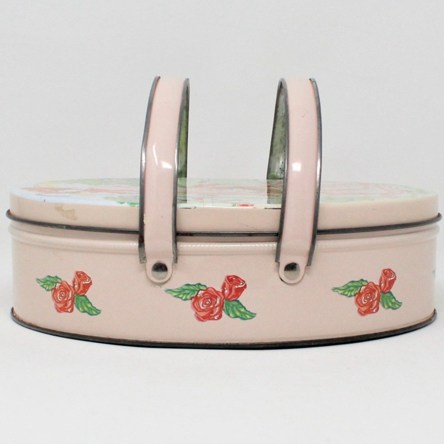 Tins, Gift Tin / Cookie Tin, ValleyBrook Farms, Victorian Country Girl, Pink Oval with Handles, Vintage