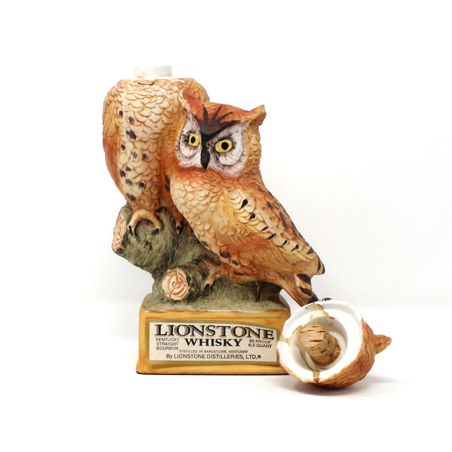 Decanter, Lionstone Whiskey, Screech Owls, Hand Painted Decorative Barware, Vintage Collectible